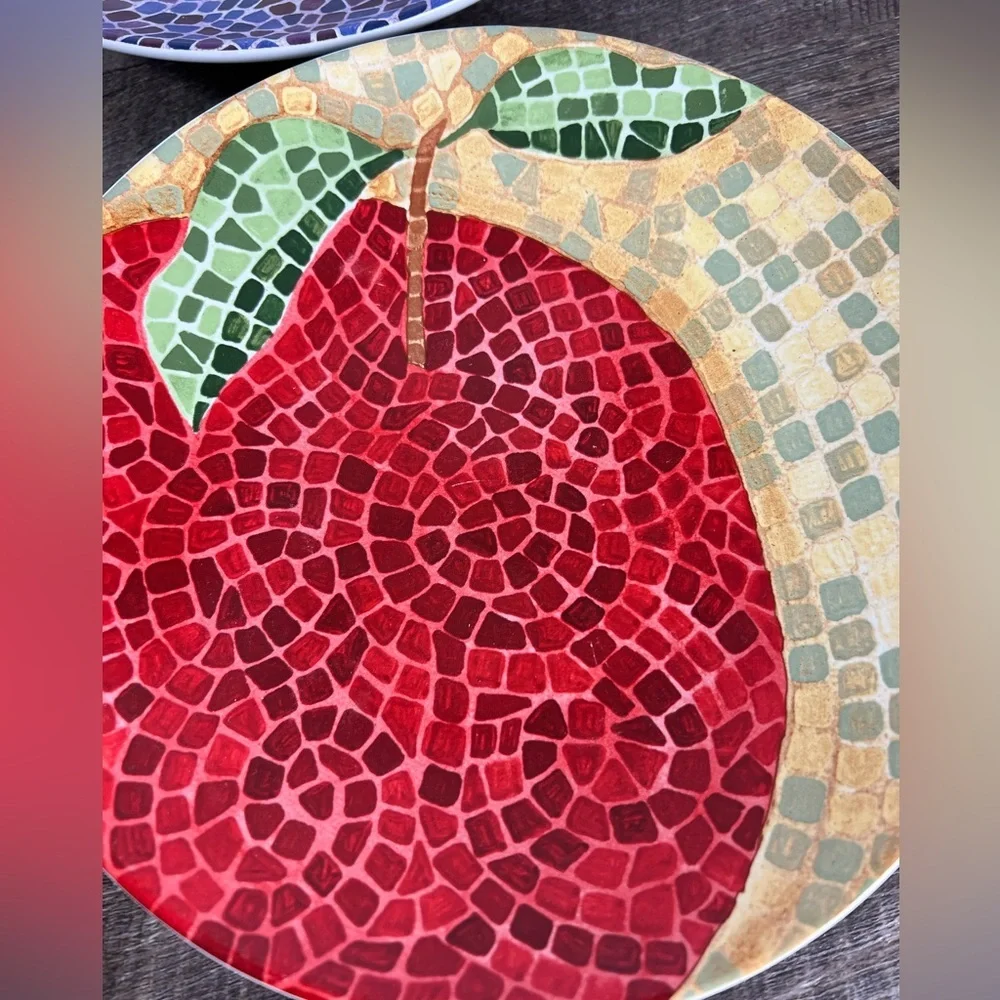 Pier One mosaic fruit plates‎ stoneware 8” apple pear plum orange